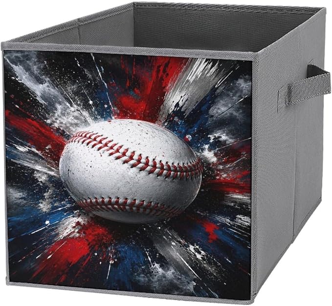 Baseball Explosion Art Design Storage Bin with Handles, Oxford Fabric Foldable Storage Cube Organizer for Clothes, Towels, Bedroom, Living Room, Home Organization