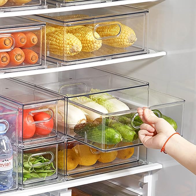 9 Pack Stackable Refrigerator Organizer Bins Pull-Out Drawers for Fruit and Veggies Storage Organizer for Fridge Clear Drawer Containers with Handle Divided Organization for Produce Saver