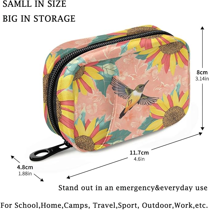 Fustylead Retro Hummingbird and Sunflower Pill Organizer for Purse, Weekly Portable Pill Box with Zipper to Storage Vitamins Fish Oils Medications Supplements