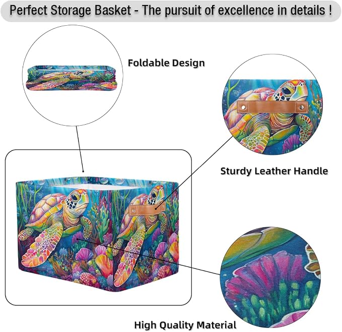 Pardick Colorful Sea Turtle Basket Storage Bins Large Fabric Toys Storage Cube Box with Handles Collapsible Closet Shelf Cloth Organizer Basket for Nursery Bedroom Bathroom Holiday Gift