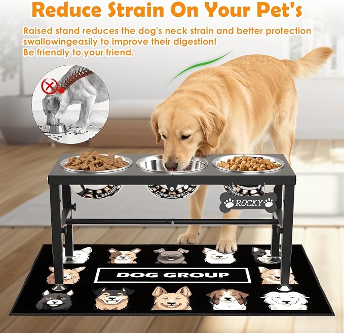 3-in-1 Slow Feeder Dog Bowl Stand, Elevated Raised Feeder with 1 Slow Feed & 3 Stainless Steel Bowls, Iron Stand, Custom Name Plate & Mat - Easy Clean for Fast Eaters, Multiple Dogs