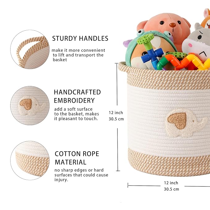 Toy Storage Baskets Woven Cotton Rope Storage Basket for Kids, Blanket Baskets for Living Room Toy Basket Box Toys Organizer with Embroidery Decor Cute Baskets for Nursery, Playroom (Elephant)