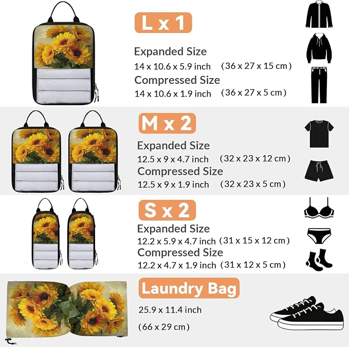 TropicalLife Sunflower Floral 6 Set Compression Packing Cubes | Compressible Expandable Luggage Suitcase Organizer Bags Space Saver Bags for Carry on