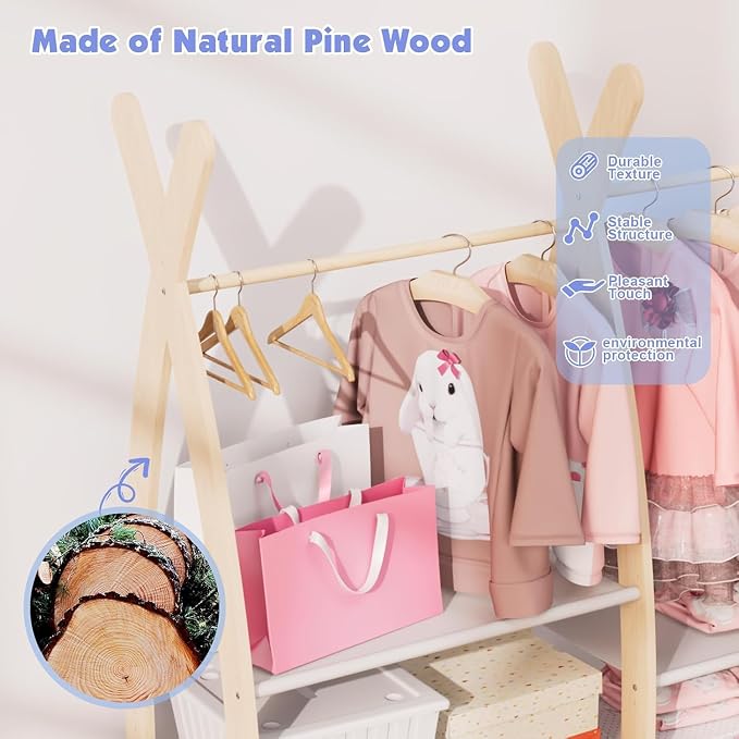 HedoAjim Kids Clothing Rack Dress Up Storage Closet for Girls Baby Garment Wardrobe Toddler Costume Closet with Double Hanging Rod Wood 2 Tier Bottom Storage Shelves (Double Tires)