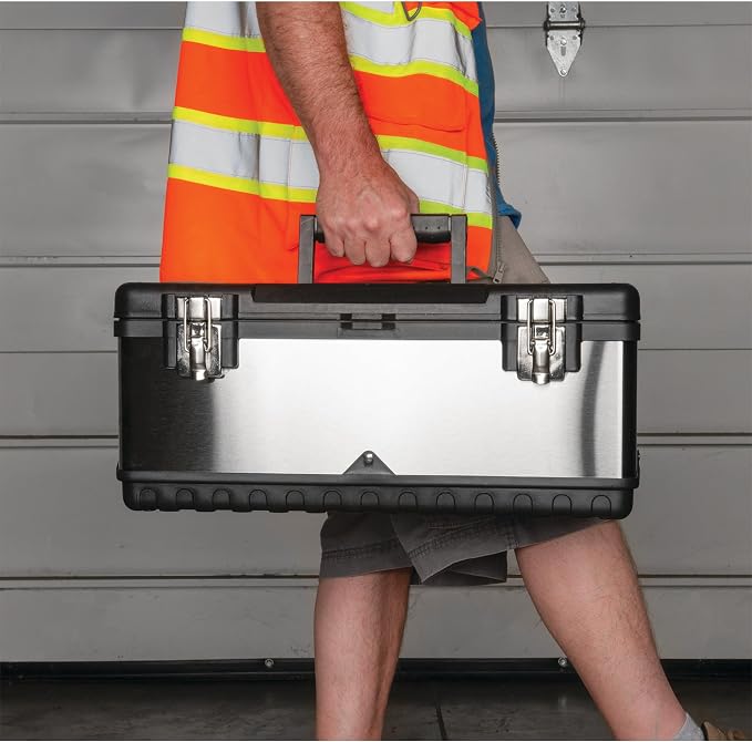 Performance Tool W54020 20 in. Heavy Duty Steel Tool Box with Tray | Portable metal toolbox. Removable inner tray. Recessed ergonomic handle. Double latch with padlock eyehole