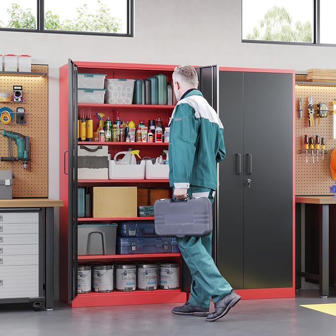 Metal Garage Storage Cabinets with Lock, 71" Tall Locker Organizer Steel Tool Cabinets,5 Adjustable Shelves 2 Doors for Home Office, Warehouse,Garage,Industrial,Employee (Black Red)