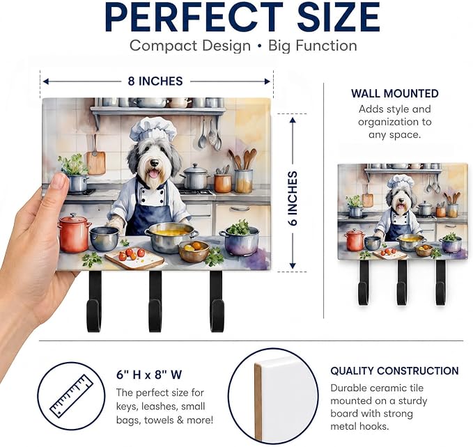 Caroline's Treasures Old English Sheepdog The Chef Leash or Key Holder Wall Hooks, Key Hooks Holder, Coat Rack Wall Mount, Coat Hooks, Hooks for Hanging Keys, Towels, Aprons, Leashes | Old English Sheepdog The Chef artwork on ceramic tile with three st...