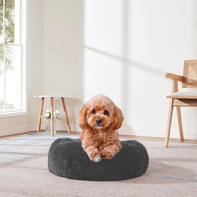 Dog & Cat Bed: Round Faux Fur Pet Bed - Plush, Cozy, & Calming Donut Bed for Medium Pets - Soft & Comfortable Sleeping Cushion for Napping & Lounging, 23" Round, Dark Gray