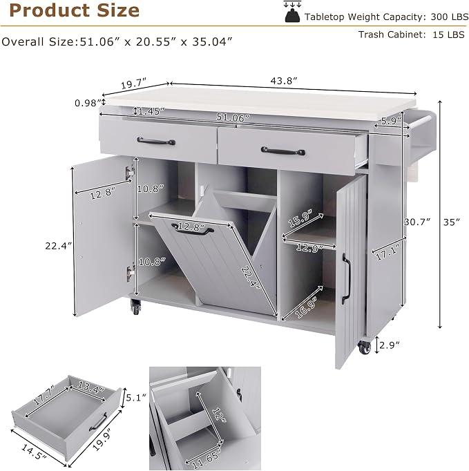 51" Rolling Kitchen Island with Storage - Kitchen Island on Wheels with Trash Can and Drop Leaf, Farmhouse Movable Kitchen Storage Islands & Carts with Towel Rack, Spice Rack, Grey