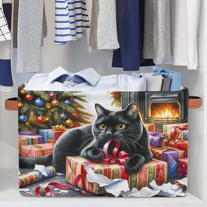 Pardick Christmasxmas Cat Basket Storage Bins Large Fabric Toys Storage Cube Box with Handles Collapsible Closet Shelf Cloth Organizer Basket for Nursery Bedroom Bathroom Holiday Gift
