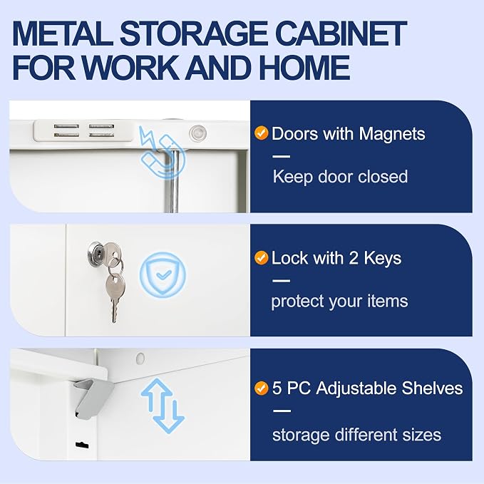 BESFUR Metal Storage Cabinet with 2 Doors and 5 Adjustable Shelves Garage Storage Cabinet with Lock 71" Office Storage Cabinets Locking Cabinets for Garage Office Shop Home (White)