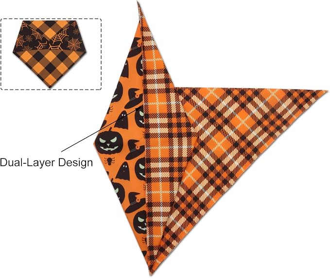 Fall Dog Bandanas 2PCS Halloween Pumpkin Spider Web Large Dogs | Reversible dog bandanas for fall & Halloween & Thanksgiving. Orange plaid/pumpkin/Spider Web design. Fits medium-large dog