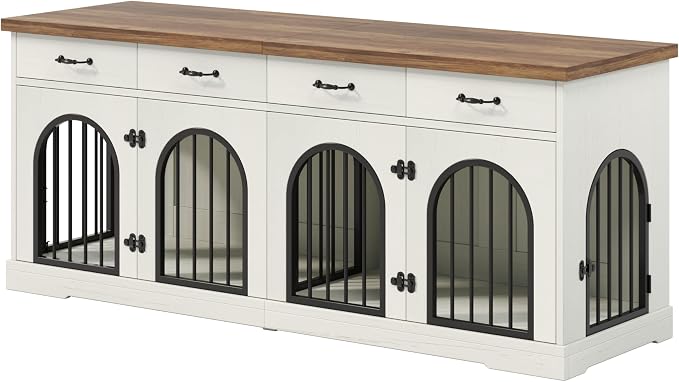 Merax 70.8" Large Dog Crate Furniture & TV Stand for 2 Dogs –Double Kennel with 4 Storage Drawers, Removable Divider & Arched Metal Doors –Wood Indoor Pet House for Medium/Large Breeds, Brown + White