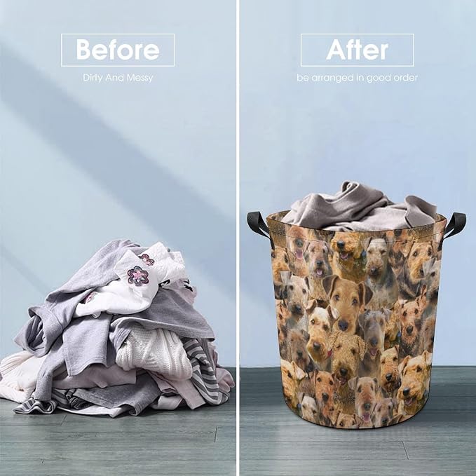 Airedale Dog Print Laundry Basket, Funny Airedale Dog Face Laundry Hamper, Foldable Waterproof Oxford Cloth Tote Bag Dirty Clothes Storage Bucket Organizer for Bathroom Bedroom