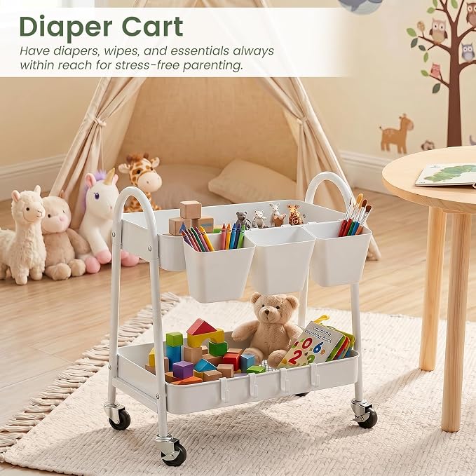 danpinera 2-Tier Rolling Cart, Utility Cart Mobile Metal Rolling Storage Cart with Lockable Wheels & Hanging Cups & Hooks for Kitchen, Bathroom, Office, Workshop, Purple