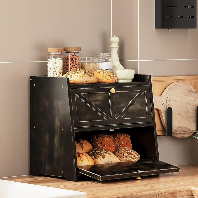 Trironsun Vintage Double Layer Bread Box for Kitchen Counter Bamboo Bread Storage Container Large Capacity Bread Storage Bin (Antique Black)