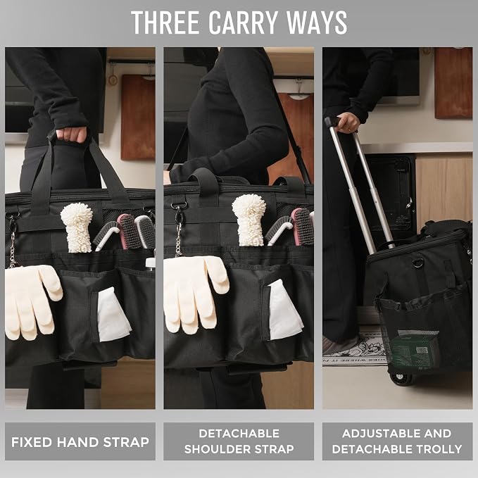 SCAVATA Rolling Cleaning Caddy Bag with Detachable Trolley, Large Cleaning Supplies Organizer with Wheels, Multi Pocket Cleaning Cart with Adjustable Shoulder Strap for Housekeepers & Home Use, Black