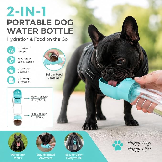 2-in-1 Dog Cat Portable Water & Food Travel Dispenser Bottle(Pink) | 2-in-1 travel pet cup with 500ml water & 180ml food storage, leak-proof portable feeder for dog cat walking hiking trips