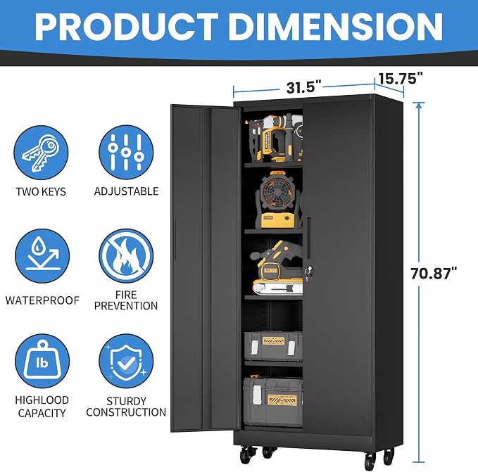Metal Storage Cabinet for Garage, Tool Cabinet, Utility Cabinet | with Wheels, Tall Tool Cabinet, Lockable, 2 Doors, 4 Adjustable Shelves, Assembly Required, Black