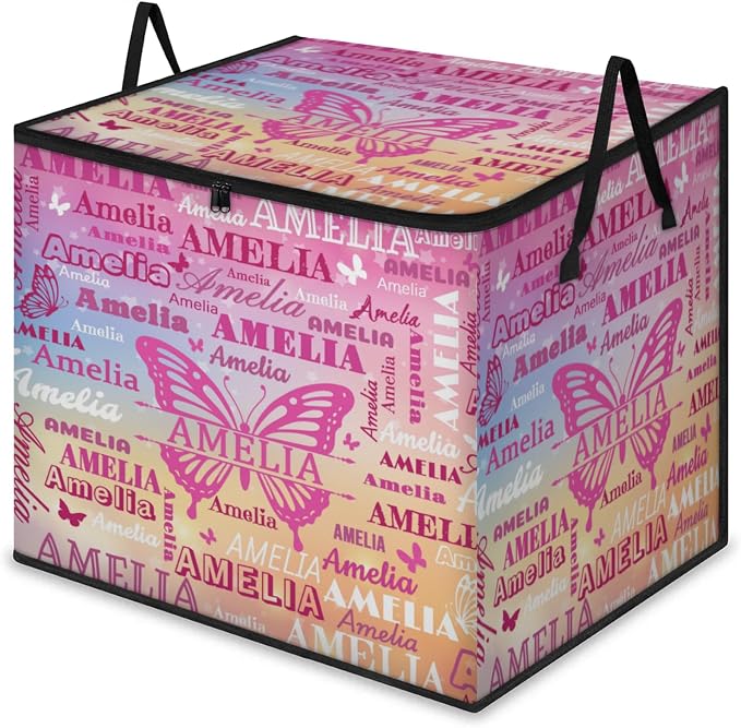 Custom Comforters Storage Basket with Lid, Personalized Name Large Organizer Bin for Pet/Children Toys, Books, Clothes, Perfect for Rooms/Playroom, Colorful Pink Butterflies