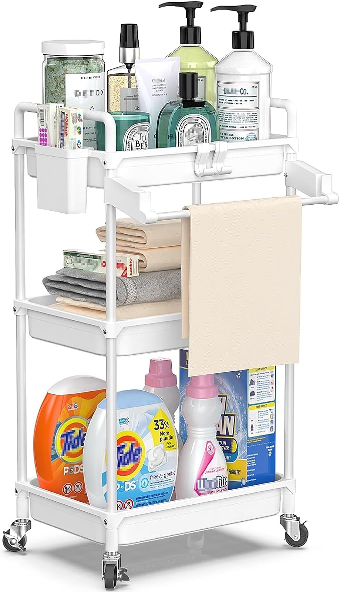 SPACEKEEPER Rolling Storage Cart, 3 Tier Utility Cart for Bathroom, White | Rolling Cart with Lockable Wheels, Towel Rack, Hooks & Cup for Laundry Room,Kitchen,Office, Snack,Craft,Art,Makeup,Nail,Toys