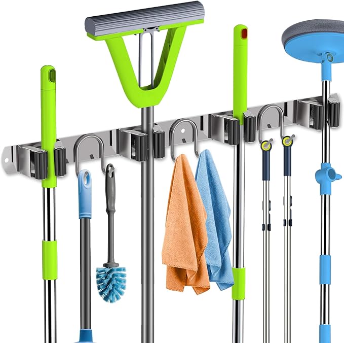Mop Broom Holder Wall Mount, Silver Stainless Steel Tool Storage Organizer for Kitchen Garden Garage Laundry Room Bathroom and RV with 4 Slots 6 Hooks