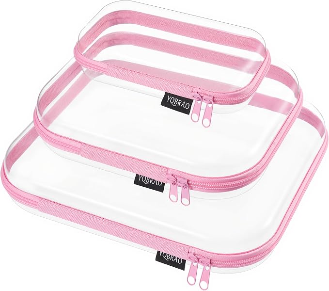 YQBRAO Clear Hard Shell Organizer Case Set, 3-Pack, Pink | Large, medium & small rigid PET organizers for beauty, travel, skincare and everyday organization