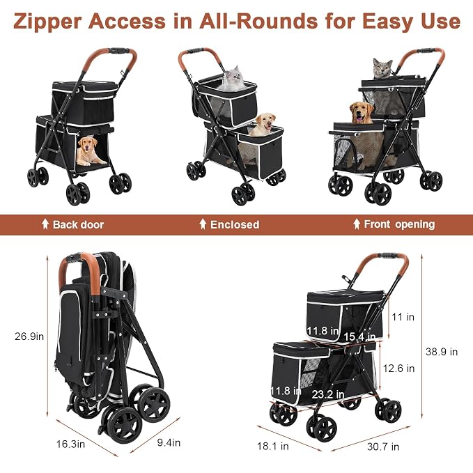 Double Pet Stroller for 2 Dogs & Cats, Double-Decker, Black | One-Hand Fold Two-Tier Stroller with Separate Cabins, 44 lb Capacity, 4 Tethers, Locking Front Wheels and Rear Brakes