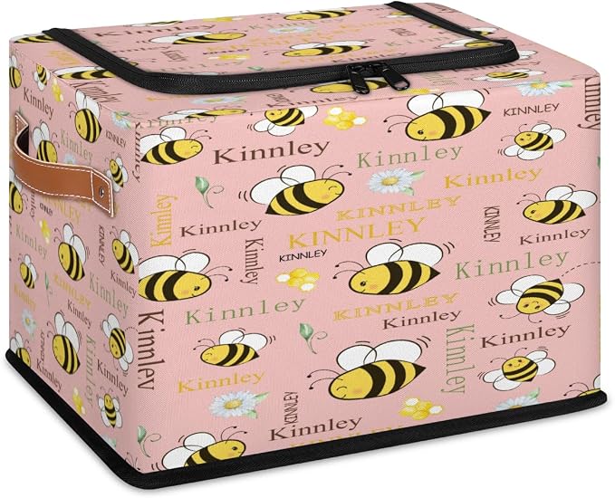 Custom Black Rectangular Baby Storage Basket with Zipper Lid, Kids Toys Bin, Books Shelf Basket, Clothes Towel Storage Bin for Nursery, Gift Basket, Coral Pink, Cartton Bee with Floral