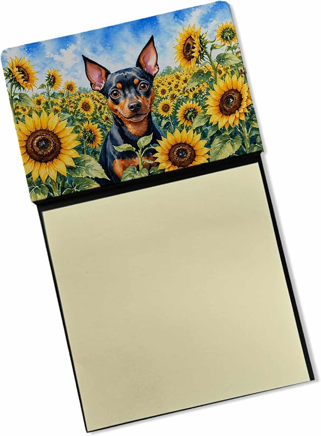 Caroline's Treasures Miniature Pinscher in Sunflowers Watercolor Sticky Note Holder Refillable Dispenser Desk Accessory 3x3 Pad Gift
