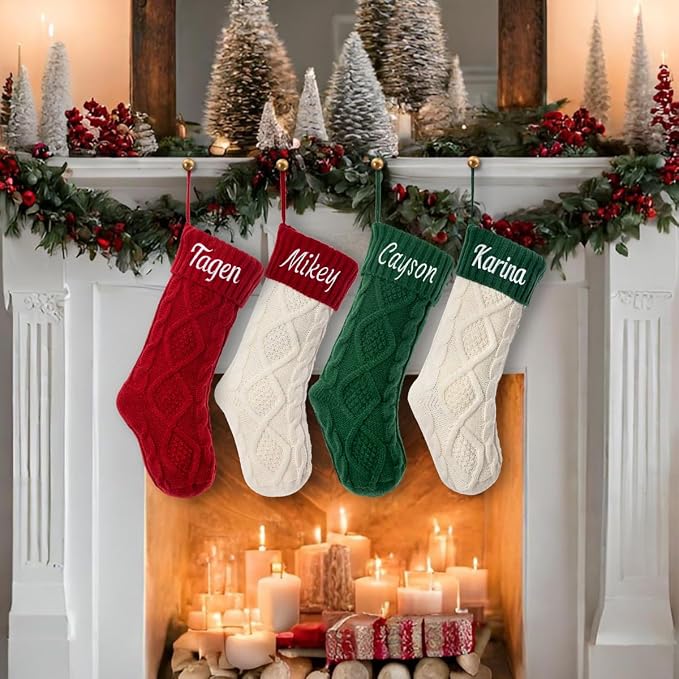 Personalized Christmas Stocking Large Custom Knitted Embroidered Name Xmas Stocking for Family Kids Pets Fireplace Party Decor