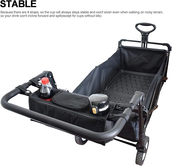 Non-Slip Organizer for Wagon, Parent Console Caddy with Cup Holders Universal for Folding Kids Pet Stroller Adjustable Straps Zippered Pockets Storage Phone Bag Attachment Accessories Black