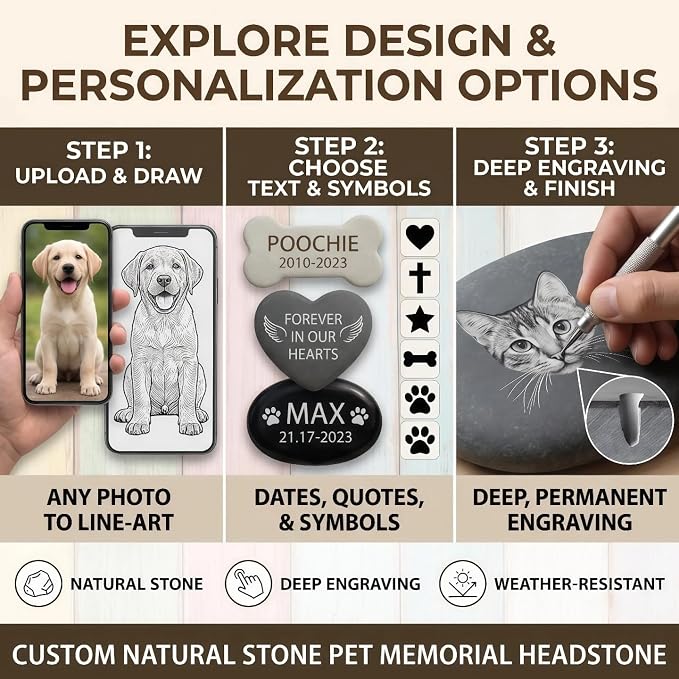 Personalized Pet Memorial Stones - Custom Deep Engraved Dog & Cat Headstone Grave Marker | Natural Stone Pet Marker with Name, Date & Quotes