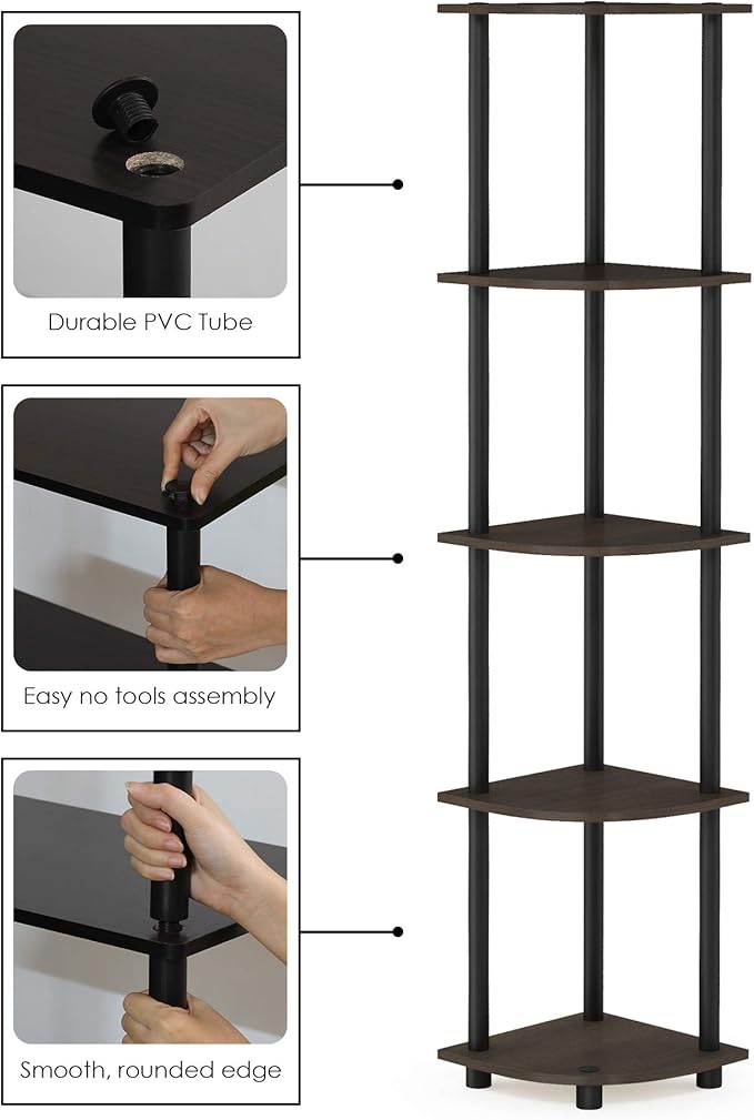 Furinno TURN-N-TUBE Corner Shelf, 5-Tier Corner Bookshelf, Open Storage Shelves, for Organization and Storage, Living Room, Home Office, Garage, Bedroom, Dark Brown Grain