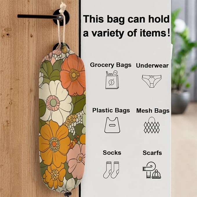Colorful Sunflower Plastic Bag Holder Daisy Roses Floral Grocery Bag Storage Dispenser Washable Hanging Shopping Bags Carrier Reusable Wall Mount Trash Bag Organizer for Kitchen Pantry