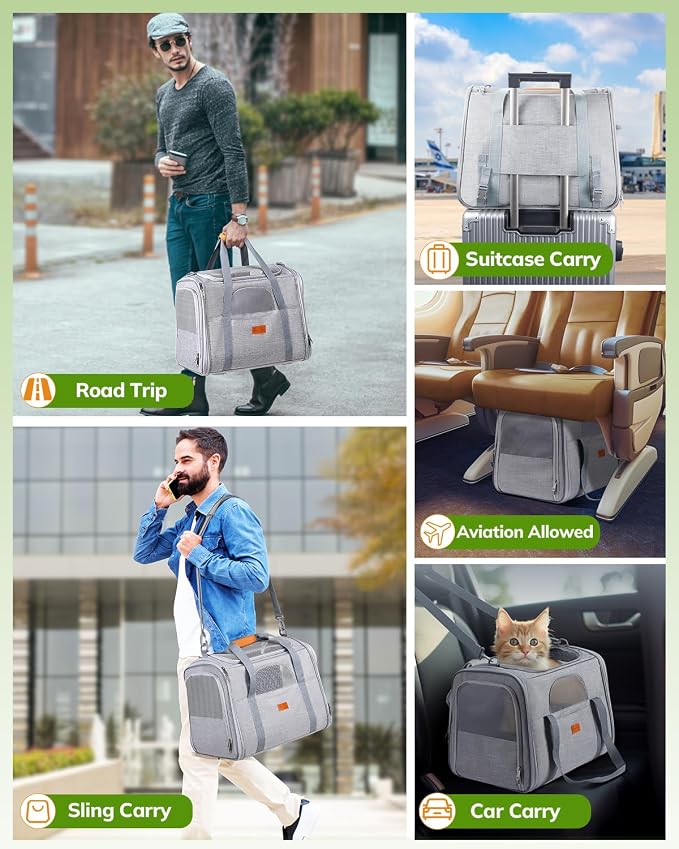 Morpilot Cat Carrier Soft for Large Medium Cats and Puppy up to 18lbs | with Dual-Sided Cushion, Secure Buckle and Foldable Bowl, Dog Carriers for Small Dogs - Pet Carrier (Light Gray)