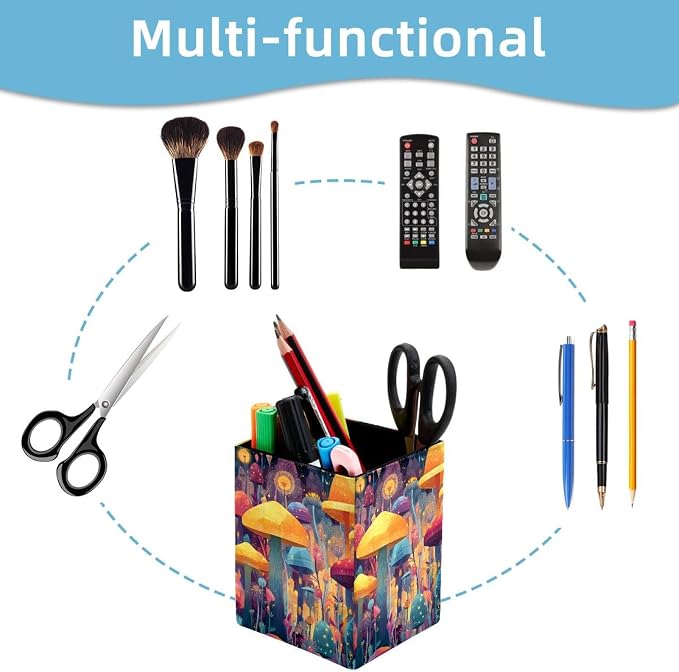 Mushroom Pen Holder for Desk Decor, Rectangular PVC Leather Pencil Cup for Desk Pen Organizer, Makeup Brush Holder for School, Home, Office
