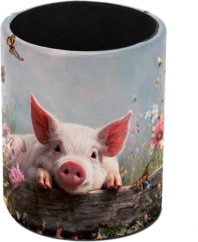 Faux Leather Pen Holder for Desk, Pencil Organizer Pig and Fence Pen Cup Desk Decor Makeup Brush Holder Storage for Office Home