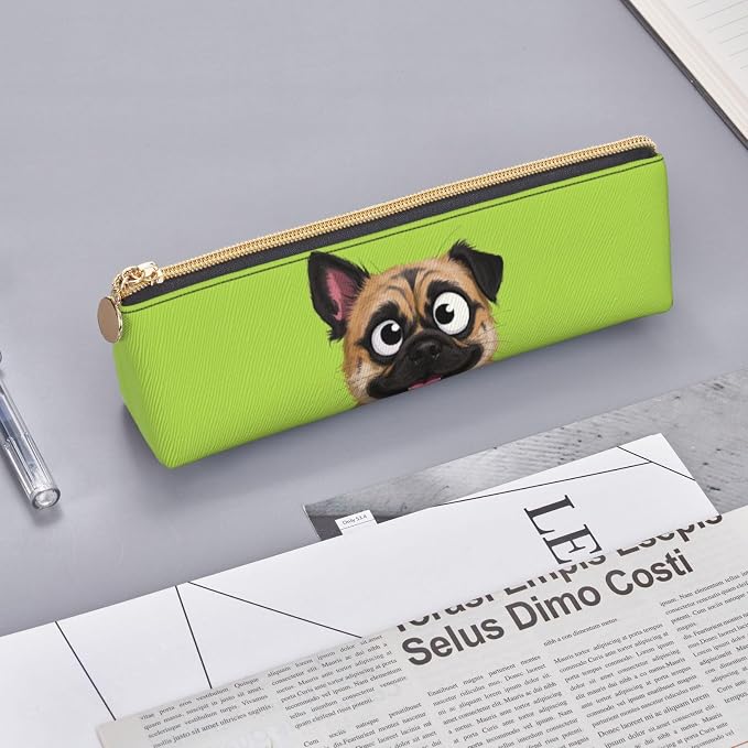 Leather Pen Case with Zipper - Aesthetic Pen Holder Dog funny face animal Pencil Case for Women & Men - Handcrafted Pencil Bag Multi-Functional Travel Cosmetic Case for Work Office Tool Pouch