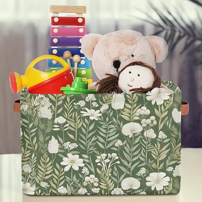 White Flower Green Leaf Rectangular Storage Bin Collapsible Storage Basket Organizer Boxes with Leather Handle Storage Cube for Shelves Toy Laundry Nursery 1 PC