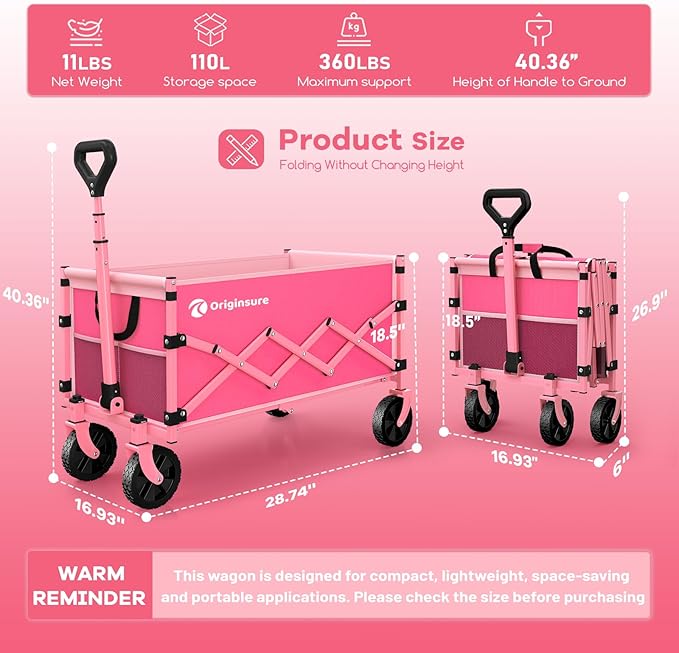 Originsure 110L Portable Collapsible Wagon Cart, 360lbs Heavy Duty, Pink | All-Terrain Wheels,Solid Steel Frame,Adjustable Handle,Compact&Space-Saving,Utility for Camping,Sports,Grocery,Garden