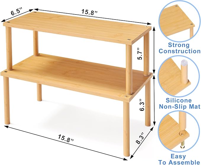 VERTORGAN 2 Pack Cabinet Organizer Shelf,Bamboo Countertop(Large,Natural) | Kitchen Counter Shelves,Spice Rack Countertop and Cabinet,Cabinet Storage,Counter Organizer,Stackable Shelves