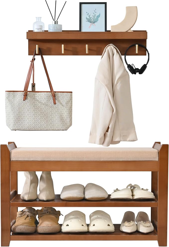 PETKABOO Shoe Rack for Front Door Entrance, 28” Entryway Bench with Coat Rack, Hall Tree Shoe Bench with Storage for Entry, Hallway, Bedroom, Living Room