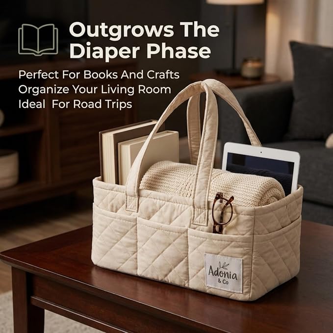 Adonia & Co Diaper Caddy Organizer – Large Nursery Storage Basket for Newborn Essentials – Portable & Machine Washable (Beige)
