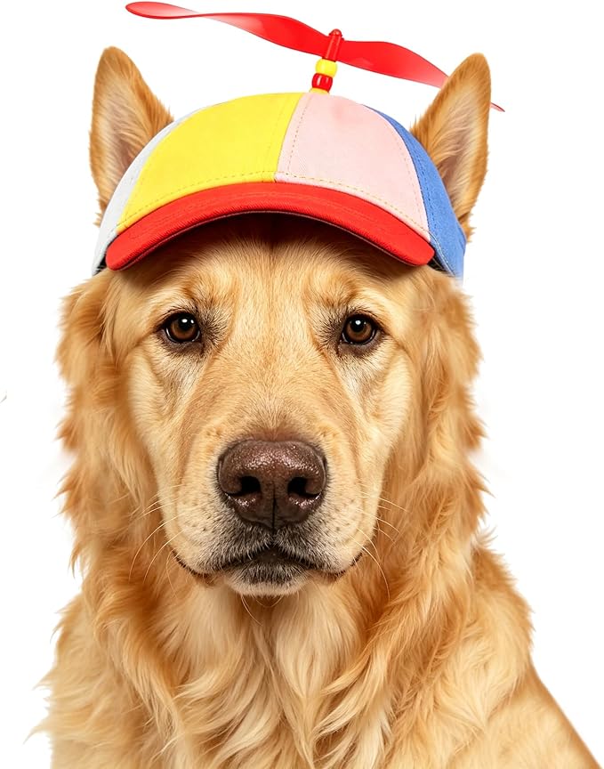 Pet Propeller Hat - Colorful Rainbow Helicopter Hat, Adjustable Cute Baseball Cap with Removable Propeller for Small Medium Dogs & Cats (Sizes S/L)