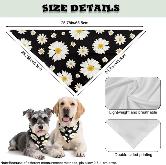COEQINE Daisy Black Dog Bandnas 2 Pack Mother Day Dog Bandana and Bow Hair Tie Holder Set/Triangle Reversible Bibs Breed for Puppy Pets Birthday Christmas