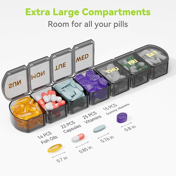 Large Pill Organizer Weekly - 7 Day Compartments with Easy-Open Design | SHIJOINYU XL Pill Box with High-Capacity, Daily Medicine Pill Organizer for Vitamins, Supplements, Fish Oils