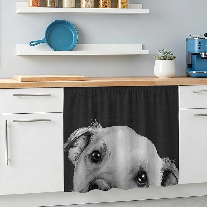 Black Dog Small Sink Skirt 10"Wx11"L,Dustproof Under Sink Curtain with Self Adhesive Tape,Cute Pets Eyes Animals Fur Vintage Oil Painting Cabinet Curtain Cover for Bathroom Vanity,Kitchen Shelf