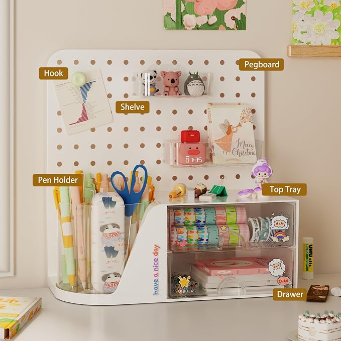 Comix Desk Organizer with 2 Drawer, Beige 360° Rotating Pen Holder for Desk | Desk Organizers and Accessories with 5 Slots Pencil Holder+Pegboard+Drawer, Pen Organizer for Home School Art Office Supplies