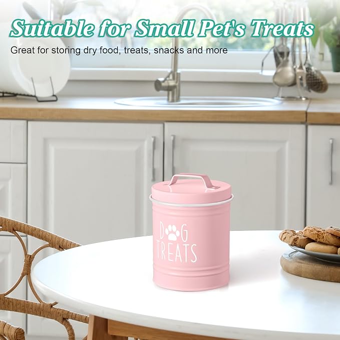 OUTNILI Pink Small Dog Treat Container Airtight - 6" Tall X 4.9" Round Pink Dog Treat Jar for Kitchen Counter - Rustic Treat Storage Canister for Dogs, Cats, Small Animals - Gifts for Pet Owners
